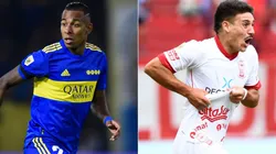 Sebastian Villa of Boca Juniors and Matias Coccaro of Huracan