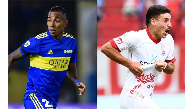 Sebastian Villa of Boca Juniors and Matias Coccaro of Huracan