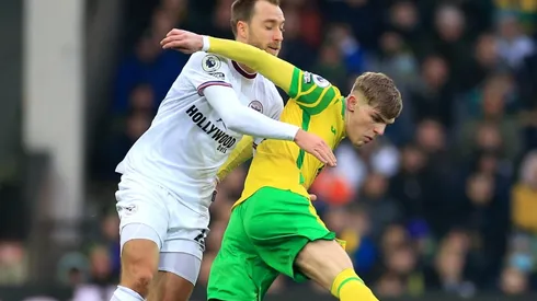 Christian Eriksen of Brentford and Brandon Williams of Norwich