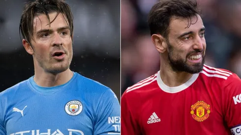 Jack Grealish of Manchester City and Bruno Fernandes of Manchester United
