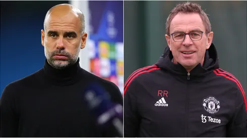 Pep Guardiola of Manchester City and Ralf Rangnick of Manchester United