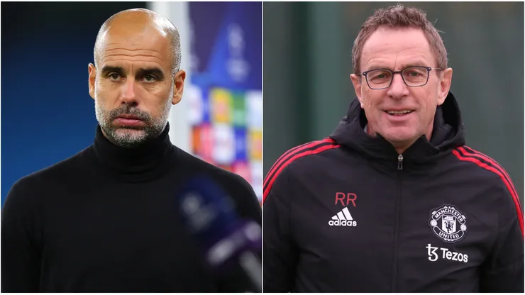 Pep Guardiola of Manchester City and Ralf Rangnick of Manchester United
