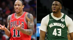 DeMar DeRozan of the Chicago Bulls and Thanasis Antetokounmpo of the Milwaukee Bucks