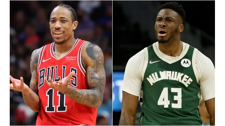DeMar DeRozan of the Chicago Bulls and Thanasis Antetokounmpo of the Milwaukee Bucks