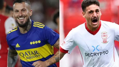 Dario Benedetto of Boca Juniors and Matias Coccaro of Huracan