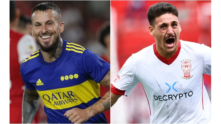 Dario Benedetto of Boca Juniors and Matias Coccaro of Huracan