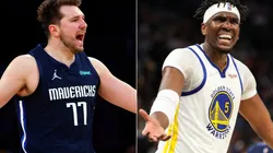 Luka Doncic of the Dallas Mavericks and Kevon Looney of the Golden State Warriors