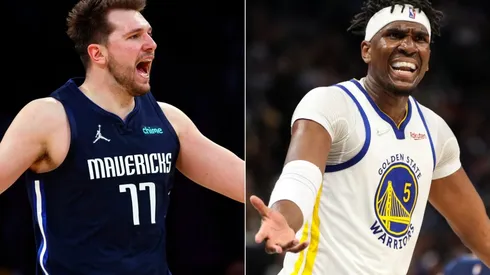 Luka Doncic of the Dallas Mavericks and Kevon Looney of the Golden State Warriors