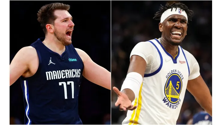 Luka Doncic of the Dallas Mavericks and Kevon Looney of the Golden State Warriors
