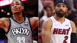 Nic Claxton of the Brooklyn Nets and Gabe Vincent of the Miami Heat