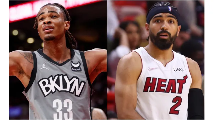 Nic Claxton of the Brooklyn Nets and Gabe Vincent of the Miami Heat