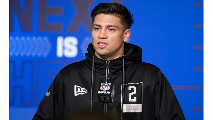 Matt Corral talking to the media during the NFL Scouting Combine.