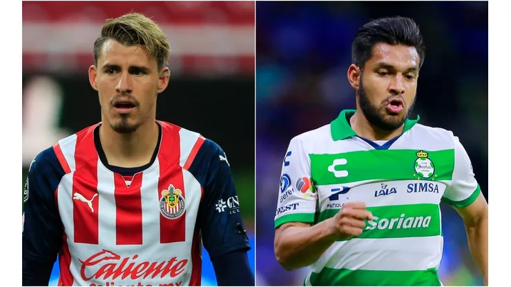 Cristian Calderon of Chivas (left) and Eduardo Daniel Aguirre of Santos Laguna.