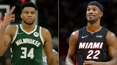 Giannis Antetokounmpo of the Milwaukee Bucks and Jimmy Butler of the Miami Heat