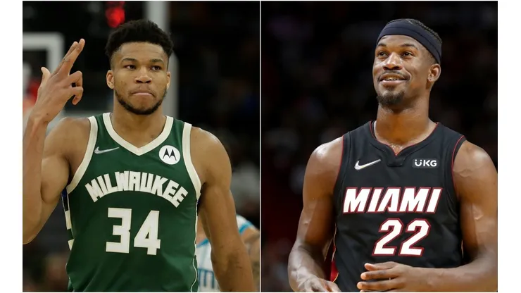 Giannis Antetokounmpo of the Milwaukee Bucks and Jimmy Butler of the Miami Heat