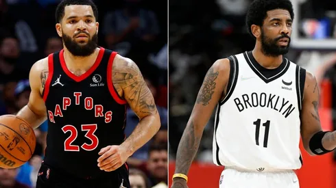Fred VanVleet of the Toronto Raptors and Kyrie Irving of the Brooklyn Nets