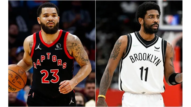 Fred VanVleet of the Toronto Raptors and Kyrie Irving of the Brooklyn Nets