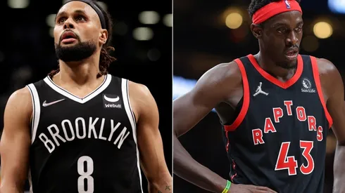 Patty Mills of the Brooklyn Nets and Pascal Siakam of the Toronto Raptors
