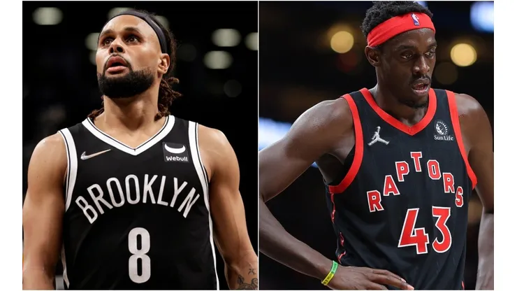 Patty Mills of the Brooklyn Nets and Pascal Siakam of the Toronto Raptors