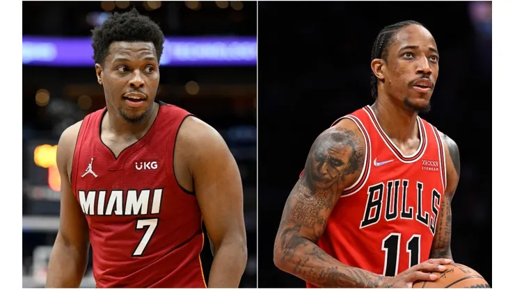 Kyle Lowry of the Miami Heat and DeMar DeRozan of the Chicago Bulls