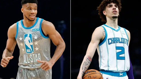 Giannis Antetokounmpo of Milwaukee Bucks LaMelo Ball of the Charlotte Hornets