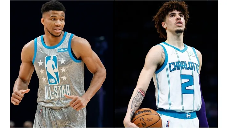 Giannis Antetokounmpo of Milwaukee Bucks LaMelo Ball of the Charlotte Hornets