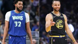 Karl-Anthony Towns of the Minnesota Timberwolves and Golden State Warriors' Stephen Curry