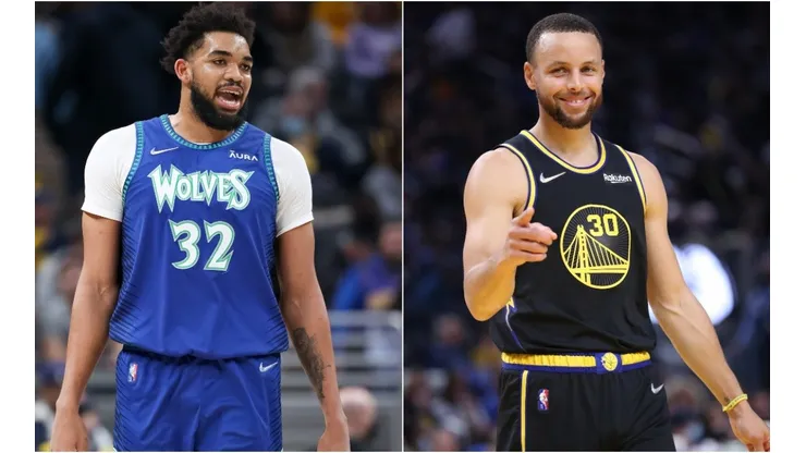 Karl-Anthony Towns of the Minnesota Timberwolves and Golden State Warriors' Stephen Curry