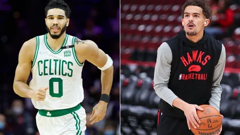 Jayson Tatum of the Boston Celtics and Trae Young of the Atlanta Hawks