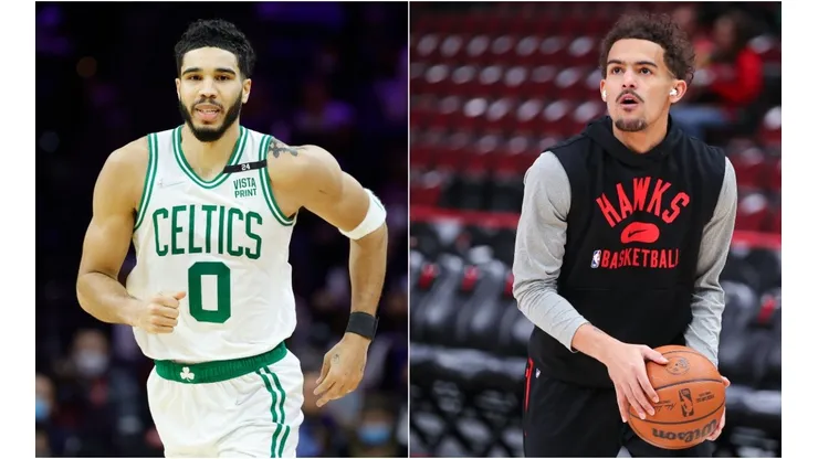 Jayson Tatum of the Boston Celtics and Trae Young of the Atlanta Hawks