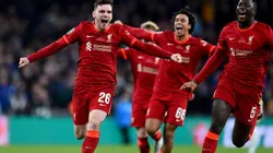Robertson and Ibrahima Konate of Liverpool celebrating the win at the end of the Carabao Cup Final