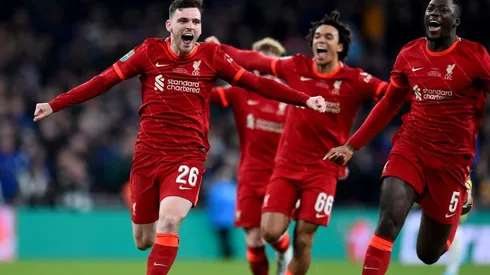 Robertson and Ibrahima Konate of Liverpool celebrating the win at the end of the Carabao Cup Final