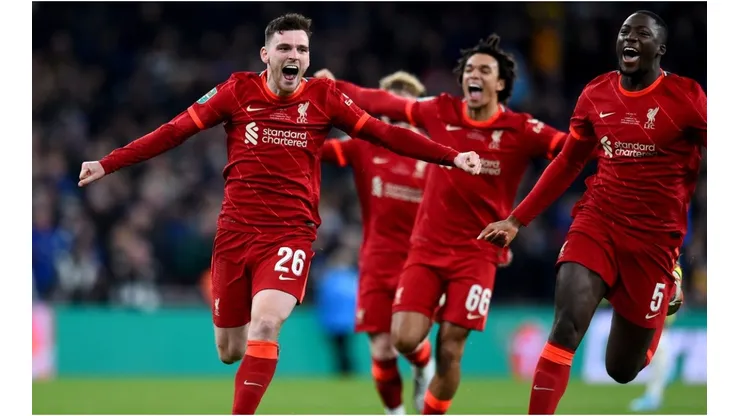 Robertson and Ibrahima Konate of Liverpool celebrating the win at the end of the Carabao Cup Final