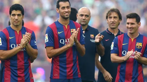 Luis Suarez, Sergio Busquets and Lionel Messi of Barcelona in 2014