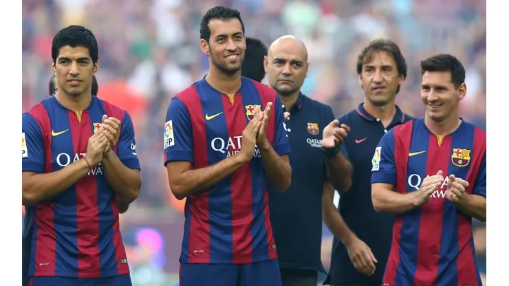 Luis Suarez, Sergio Busquets and Lionel Messi of Barcelona in 2014