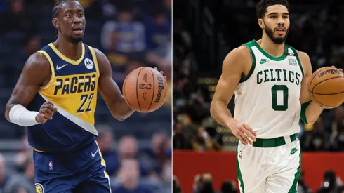 Caris LeVert of the Indiana Pacers and Jayson Tatum of the Boston Celtics