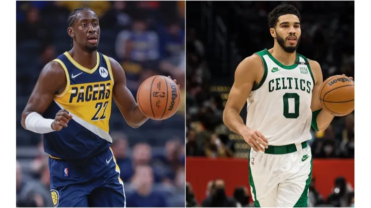 Caris LeVert of the Indiana Pacers and Jayson Tatum of the Boston Celtics