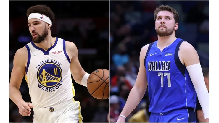 Klay Thompson of the Golden State Warriors and Luka Doncic of the Dallas Mavericks