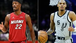 Jimmy Butler of the Miami Heat and Dejounte Murray of the San Antonio Spurs