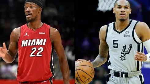 Jimmy Butler of the Miami Heat and Dejounte Murray of the San Antonio Spurs