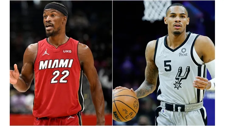 Jimmy Butler of the Miami Heat and Dejounte Murray of the San Antonio Spurs