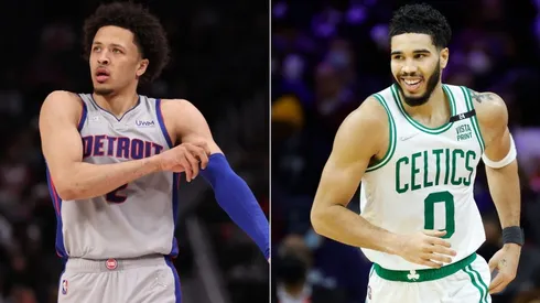 Cade Cunningham of the Detroit Pistons and Jayson Tatum of the Boston Celtics