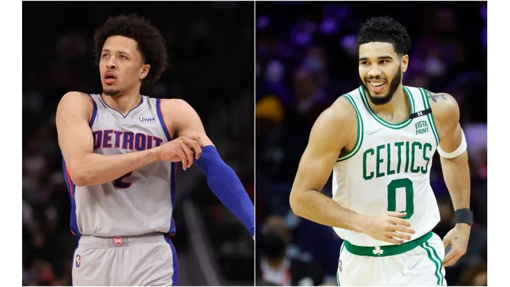 Cade Cunningham of the Detroit Pistons and Jayson Tatum of the Boston Celtics