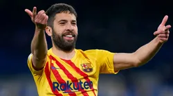 Barcelona left-back Jordi Alba celebrates his goal against Napoli.