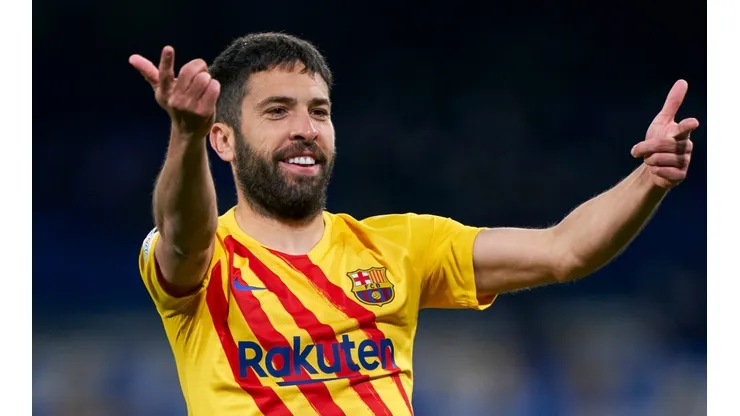 Barcelona left-back Jordi Alba celebrates his goal against Napoli.
