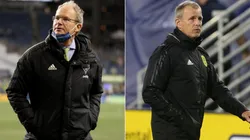 Sounders head coach Brian Schmetzer (left) and Nashville manager Gary Smith.