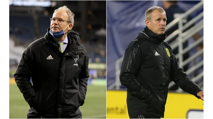 Sounders head coach Brian Schmetzer (left) and Nashville manager Gary Smith.