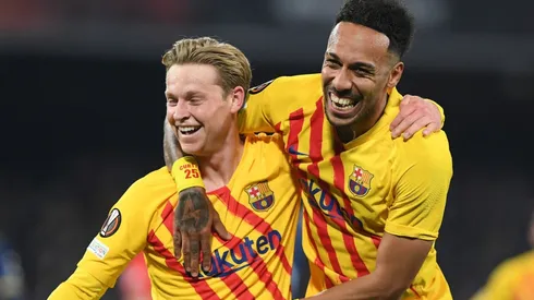 Frenkie de Jong (left) and Pierre-Emerick Aubameyang celebrate against Napoli.