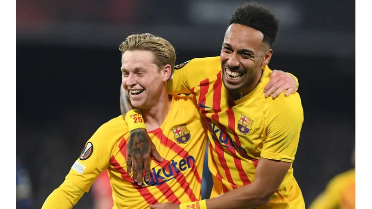 Frenkie de Jong (left) and Pierre-Emerick Aubameyang celebrate against Napoli.