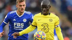 Ngolo Kante of Chelsea runs from Kiernan Dewsbury-Hall of Leicester